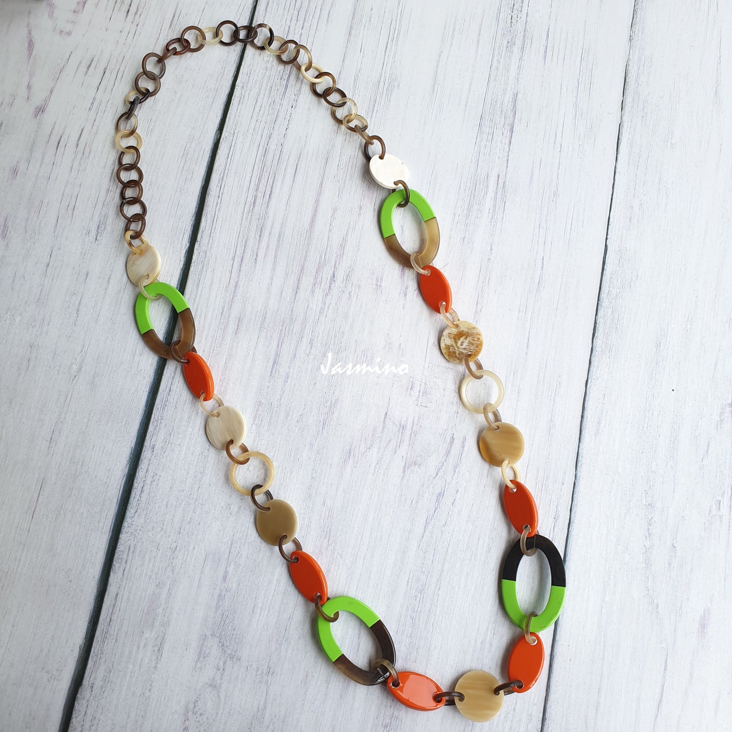 Jasmino unique handmade Vintage chain link necklace jewelry features brown, lime green, orange, and white in natural buffalo horn for women