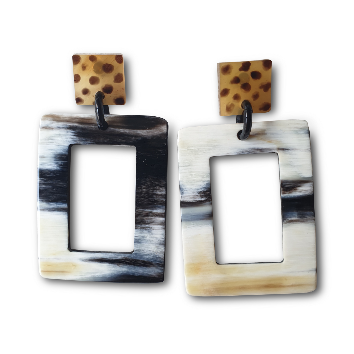 Spotted leopard large earrings jewelry are shaped by a rectangle for women in natural buffalo horn