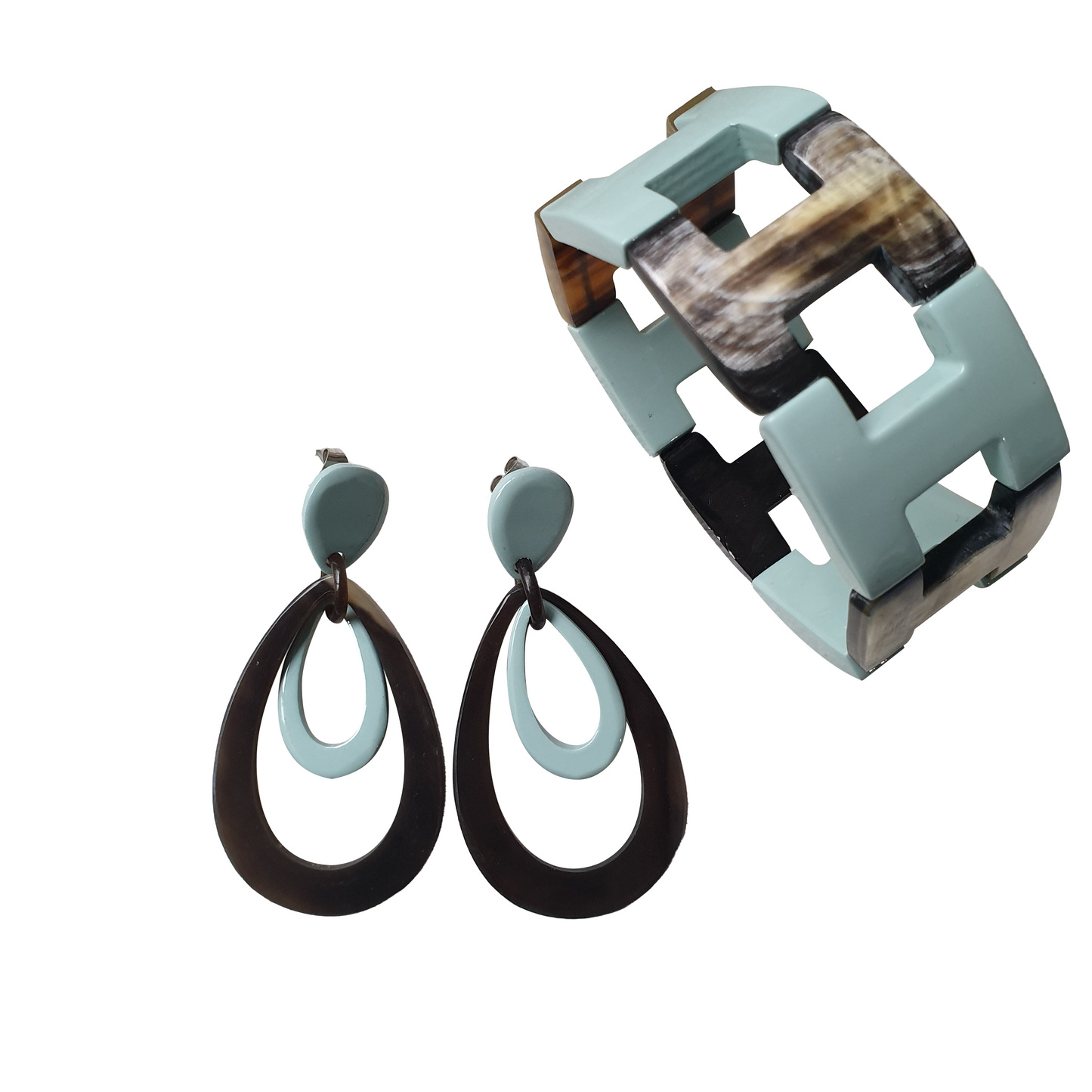 handmade double oval earrings and bangle bracelet feature greyish blue and black in natural buffalo horn for Spring 2023