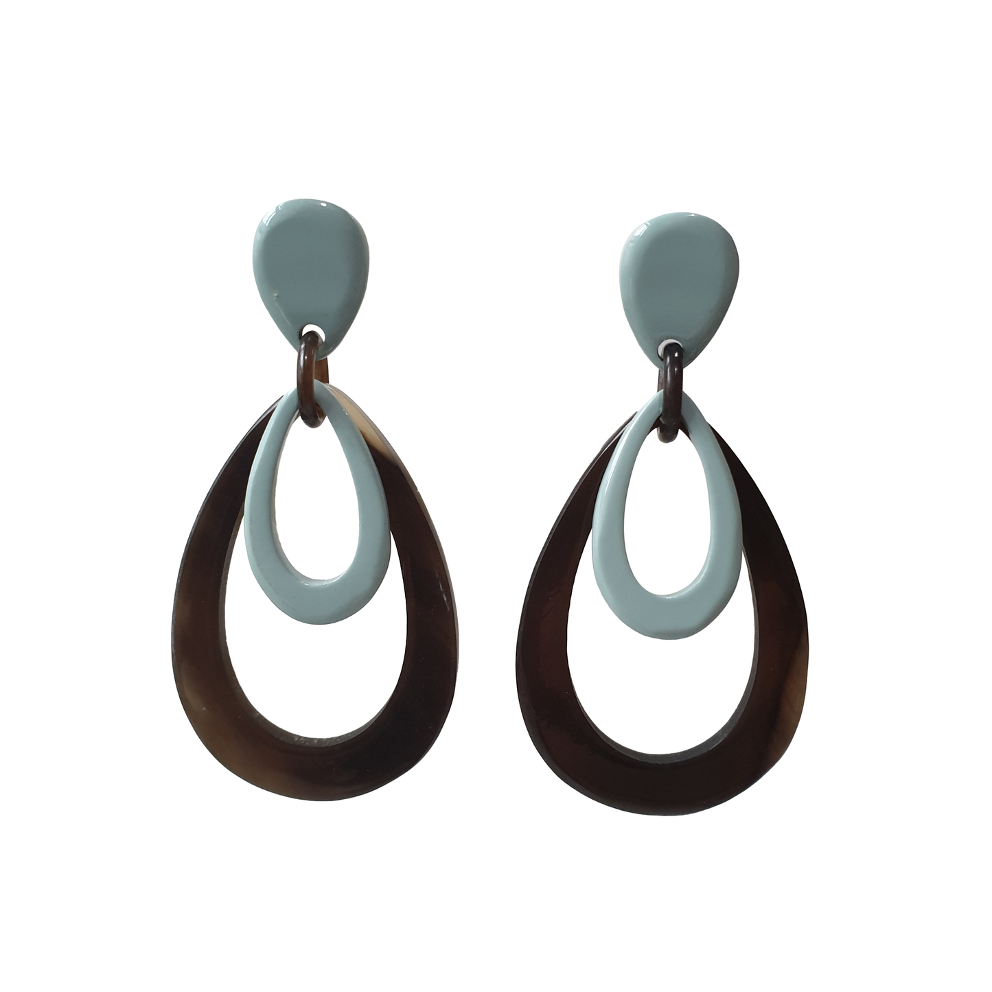 handmade double oval earrings feature greyish blue and black in natural buffalo horn for Spring 2023