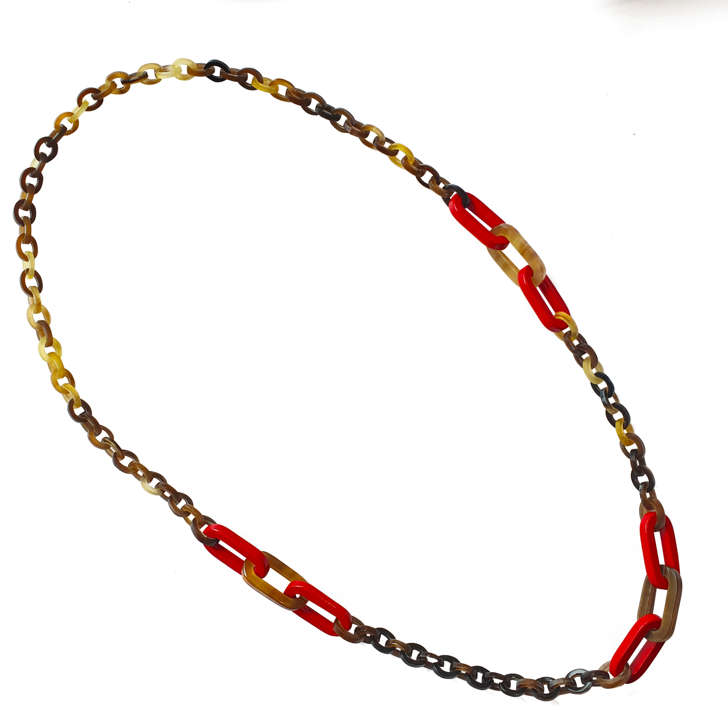 handmade rectangular chain link necklace features brown and red in natural buffalo horn for Spring 2023