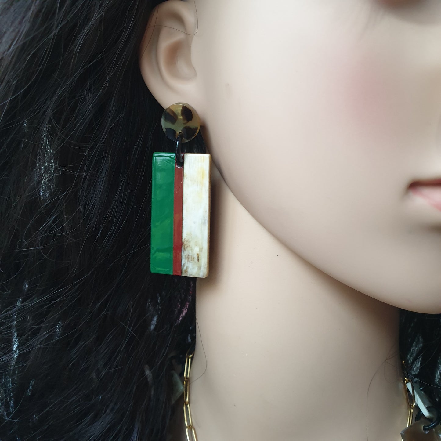 trendy unique Xmas gift rectangle drop earrings are detailed by black and red stripes in natural buffalo horn for women's gifts on Christmas 2022