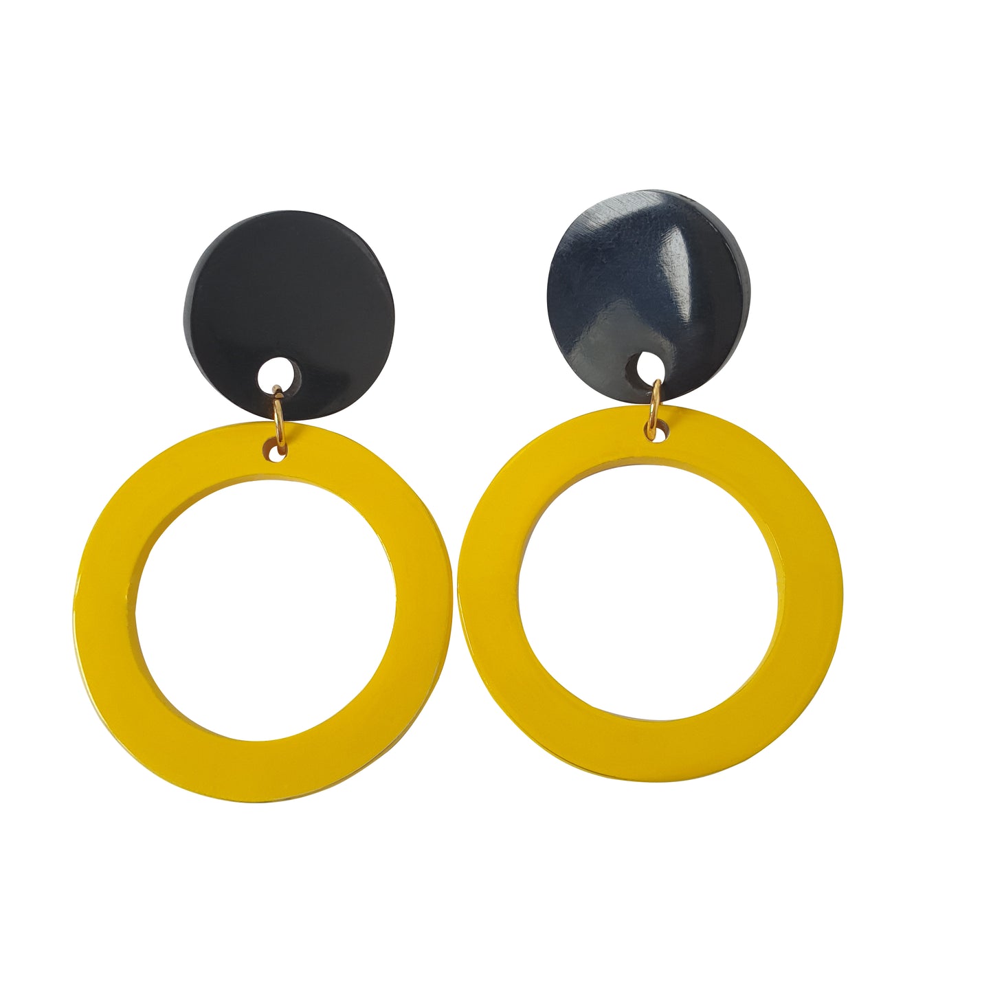 Circle drop earrings feature light yellow and natural buffalo horn on a white background