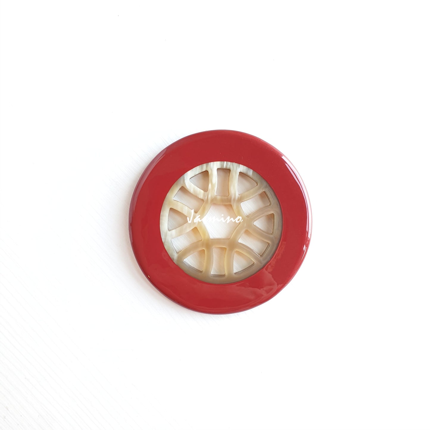 circle pendant is designed with wine red outline, inside with unique pattern made of unique natural buffalo horn on a light background, impressive gift for her 