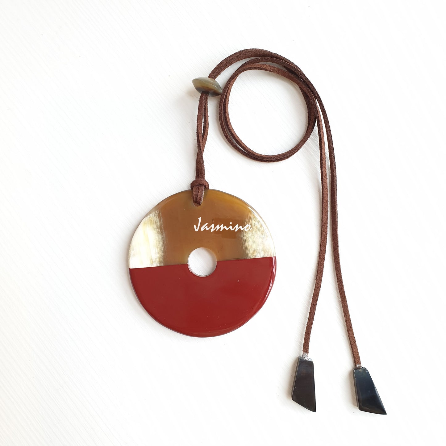 coin-shaped pendant is designed with half natural buffalo horn and half painted maroon red in natural light, impressive Christmas gift for her 