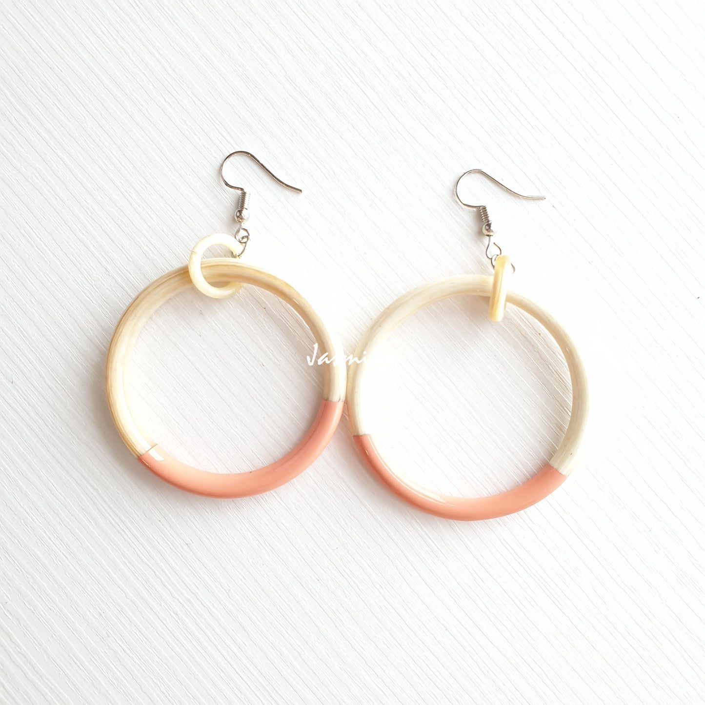 Minimalist unique handmade thin dangle earrings feature a pink half and white half made of natural buffalo horn for couple jewelries