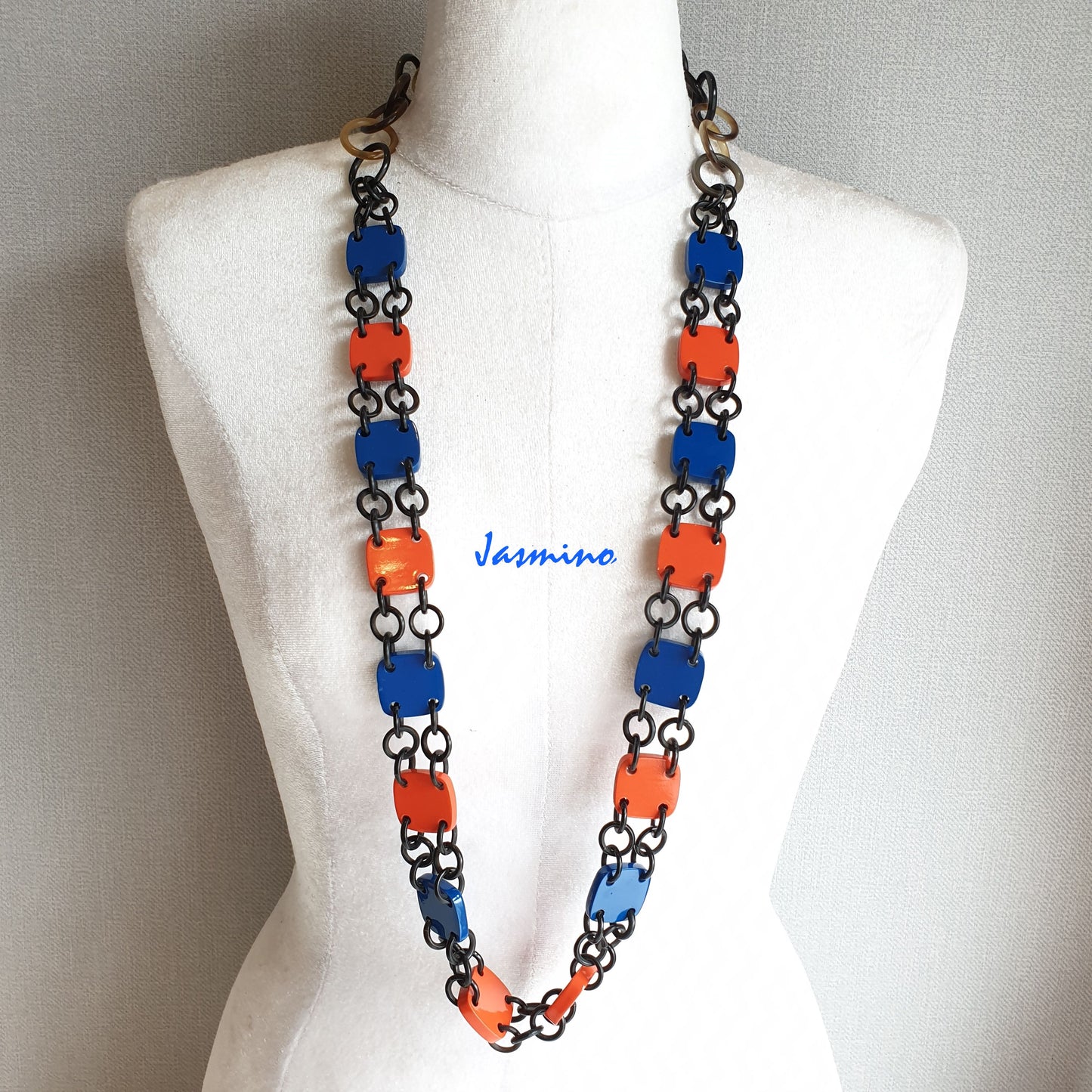 the necklace has classic blue and orange small pieces combine together in natural light, Unique gift for her