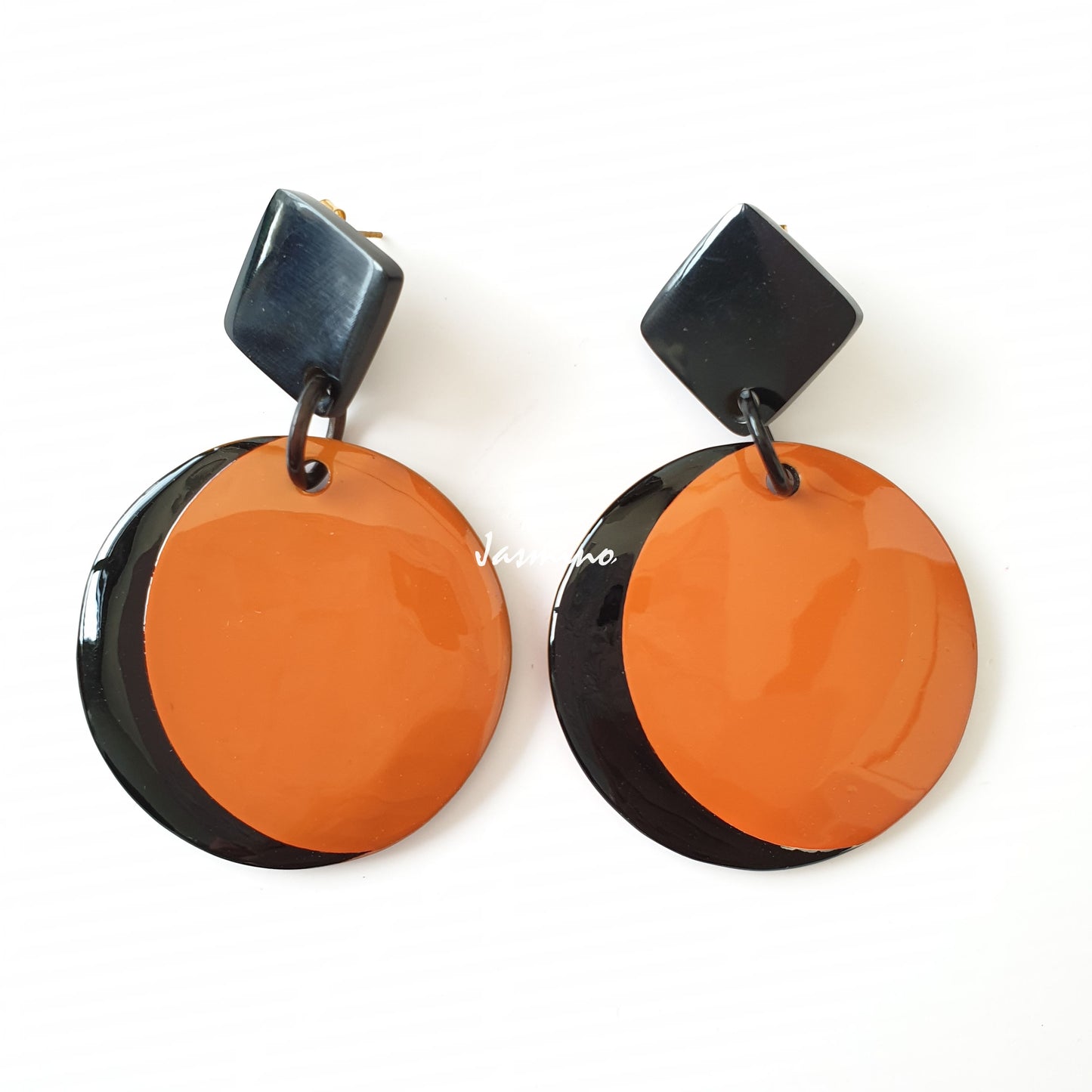 Dainty crescent moon circle earrings feature black and orange made of natural buffalo horn 