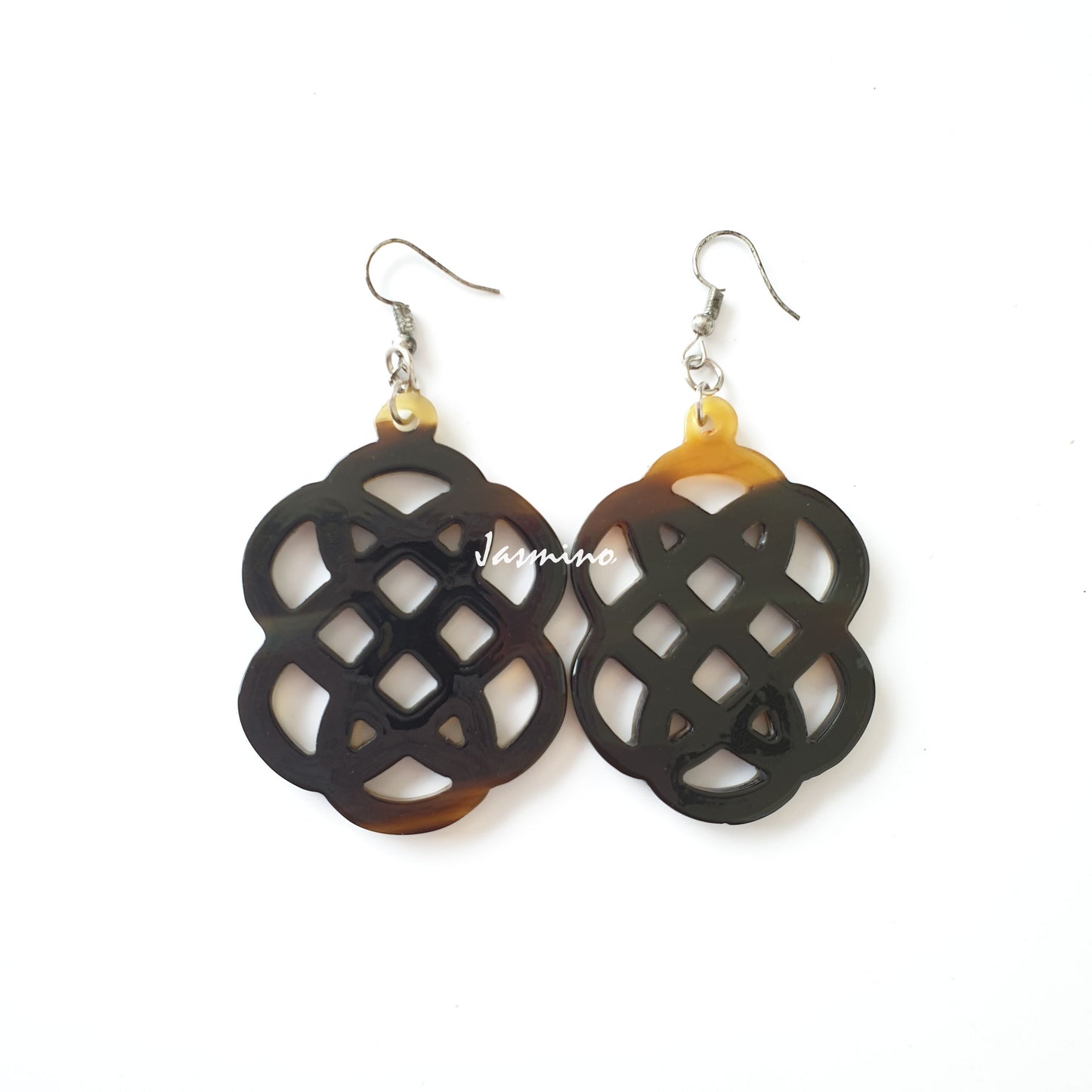 Handmade Asian lantern dangle earrings feature a dark color in the natural light