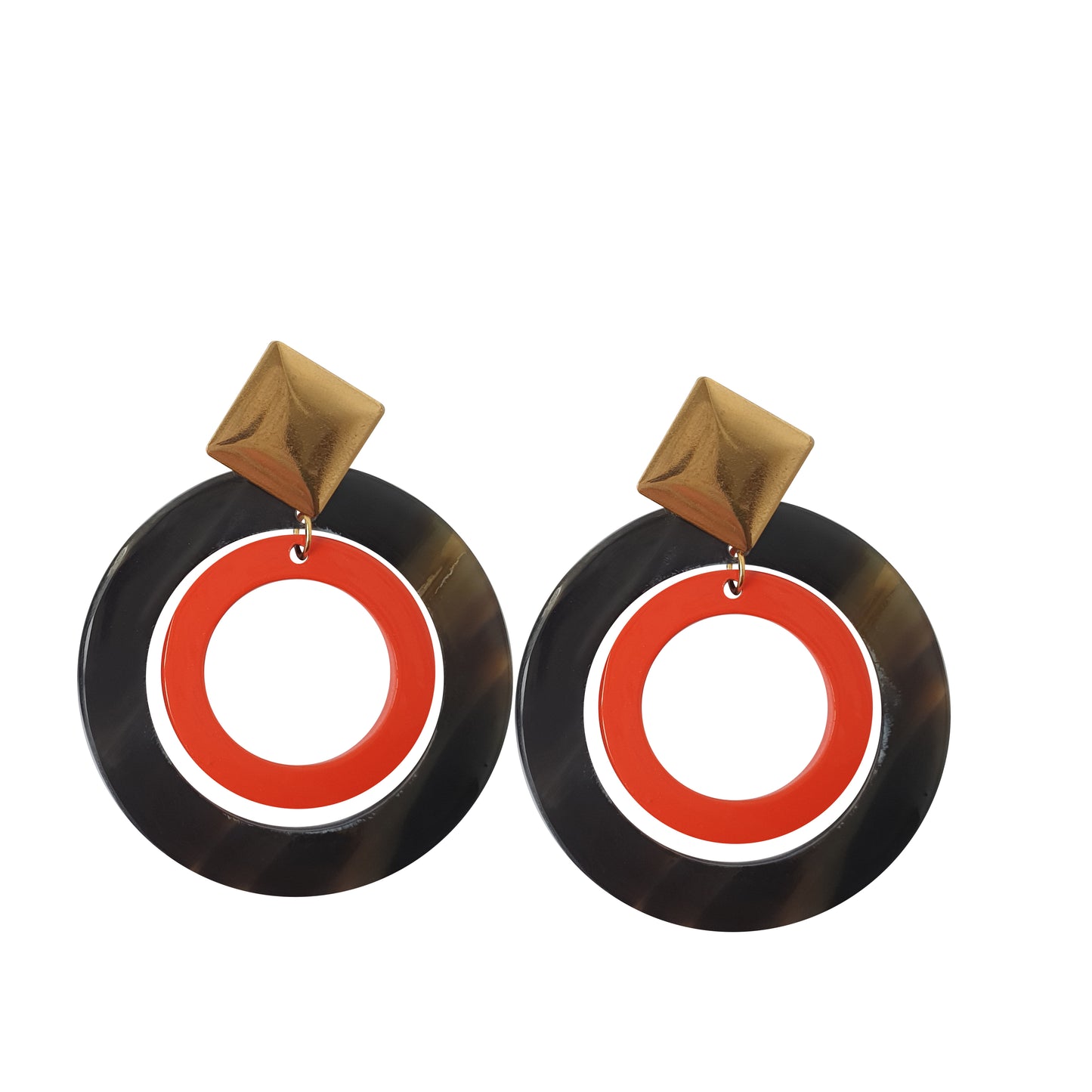 Double circle drop earrings for women are designed by black and red color with natural buffalo horn material on a white background