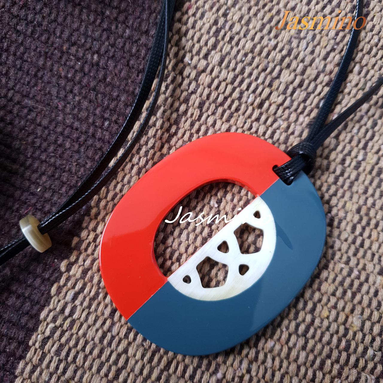 The pendant is designed with half orange peel horn and half cadet blue lacquer, unique gift for her